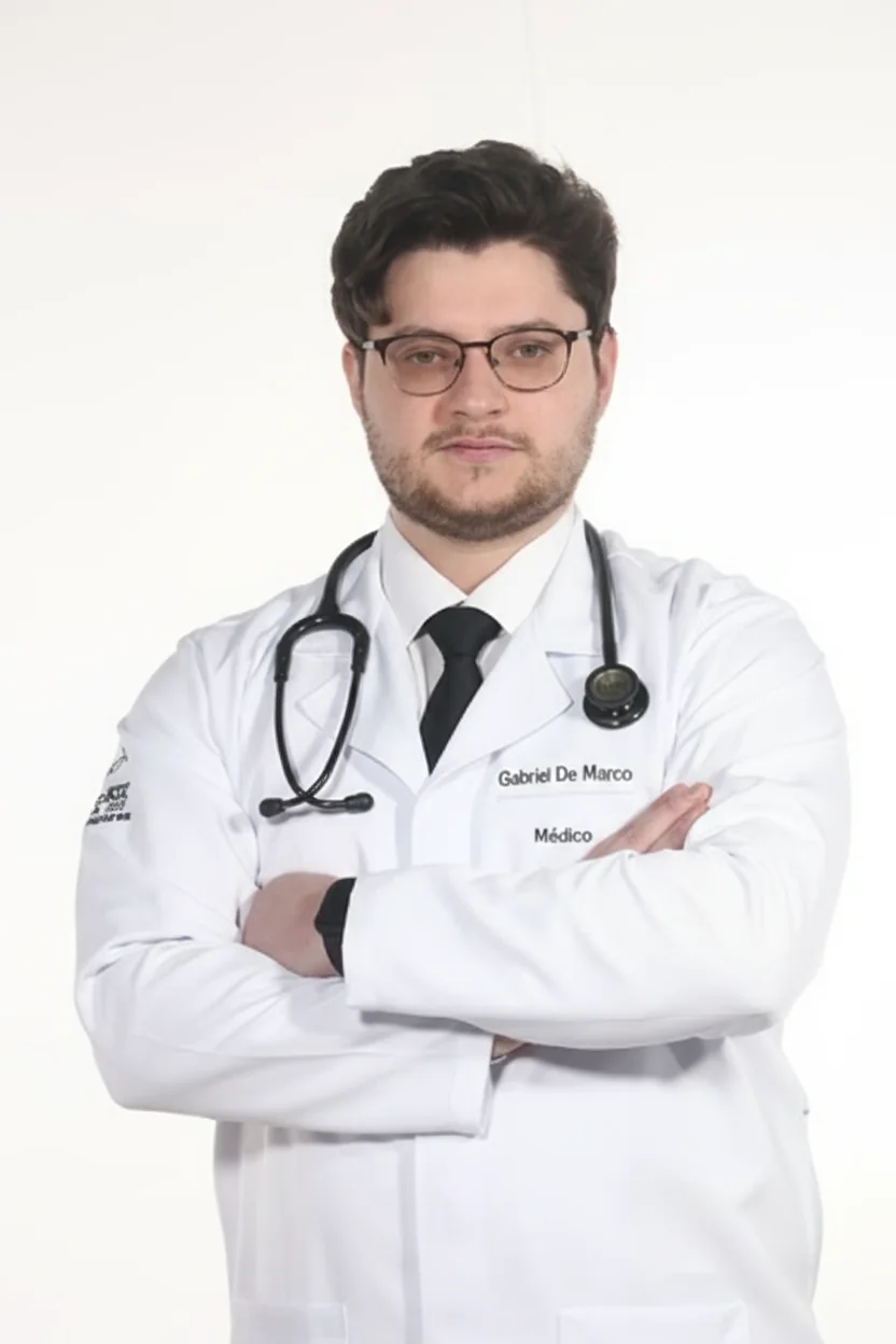 Dr. Gabriel De Marco, médico clínico geral, jaleco branco, estetoscópio, braços cruzados
