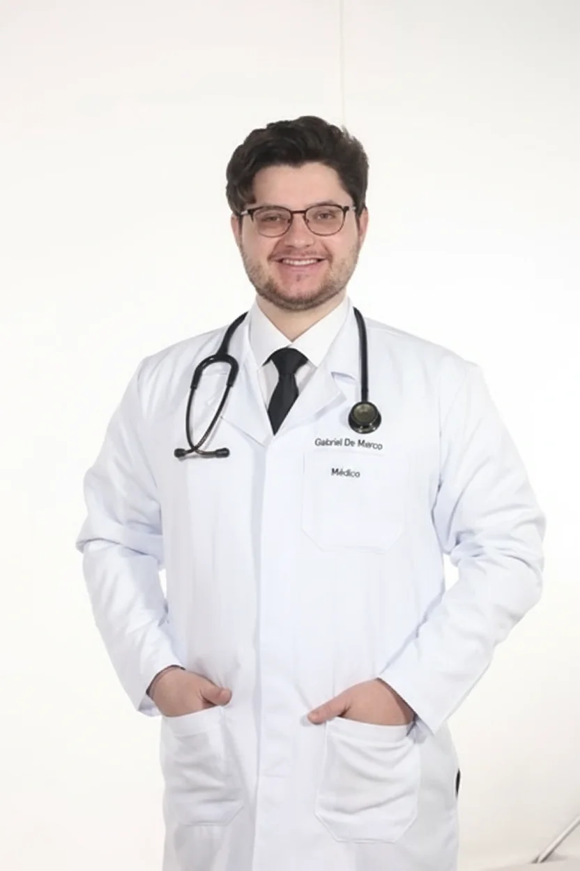 Dr. Gabriel De Marco sorrindo, jaleco branco, mãos no bolso